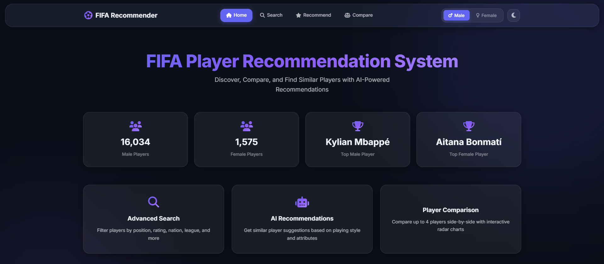 FIFA Player Recommendation — home (dark theme)