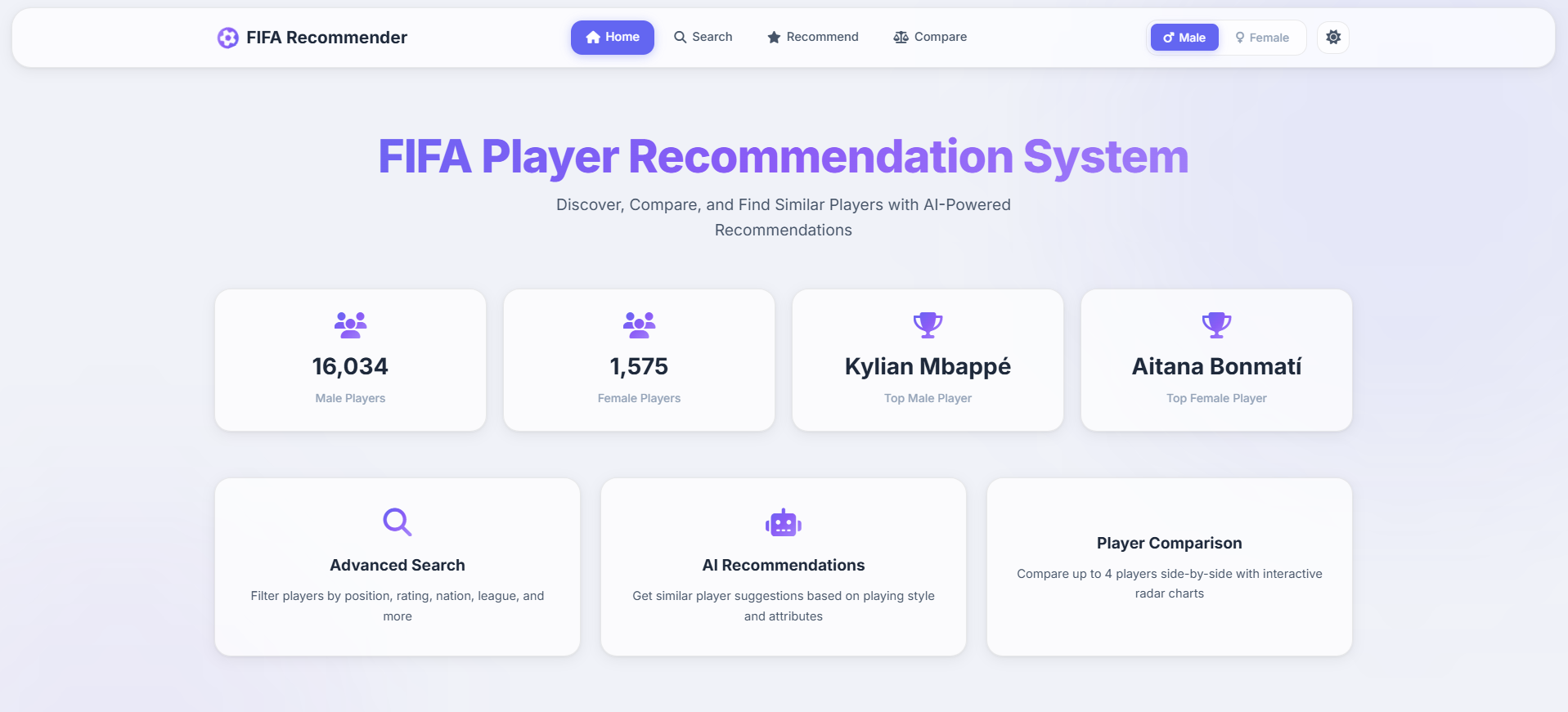 FIFA Player Recommendation — home (light theme)