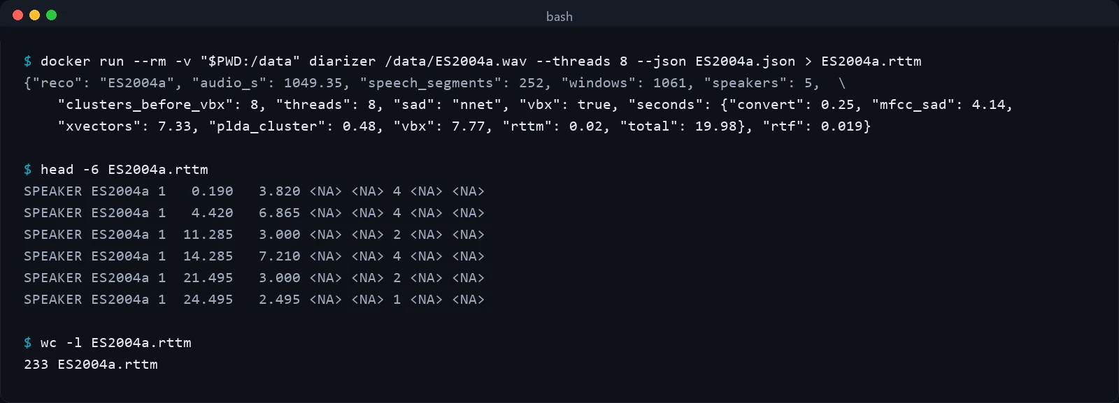Terminal screenshot: docker run of the diarizer on a test meeting, the JSON timing line on standard error and the first RTTM lines on standard output.