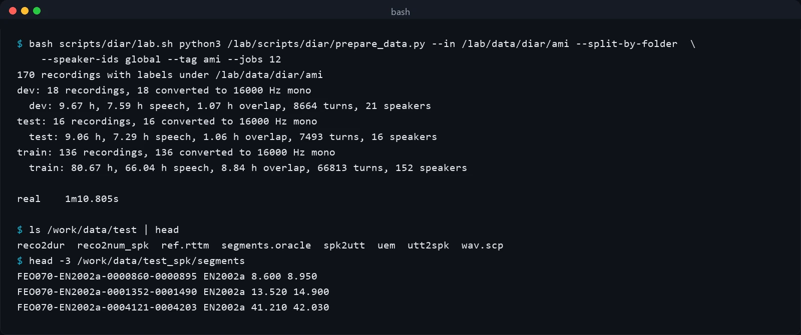 Terminal screenshot of prepare_data.py run on the AMI folder: 170 recordings found, per-split hours, speech hours, overlap hours, turn and speaker counts, then the files of one Kaldi data directory and three lines of the per-turn segments file.