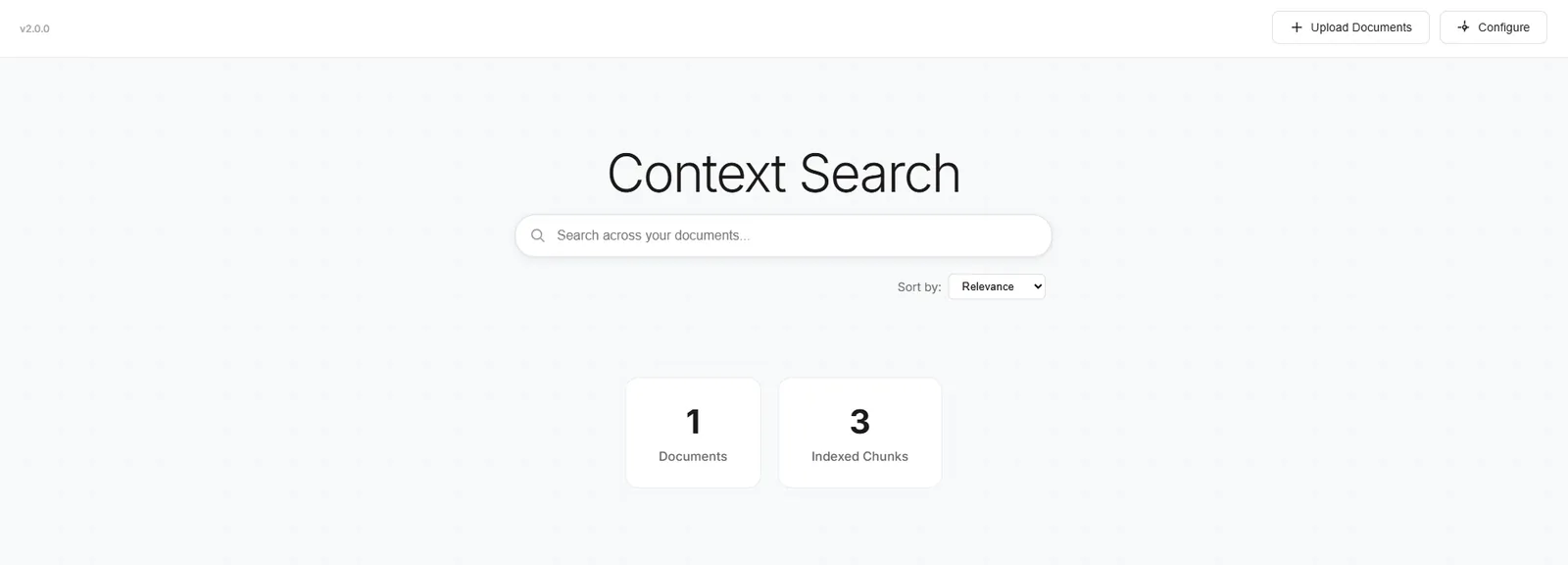 Context Search Engine dashboard listing indexed documents