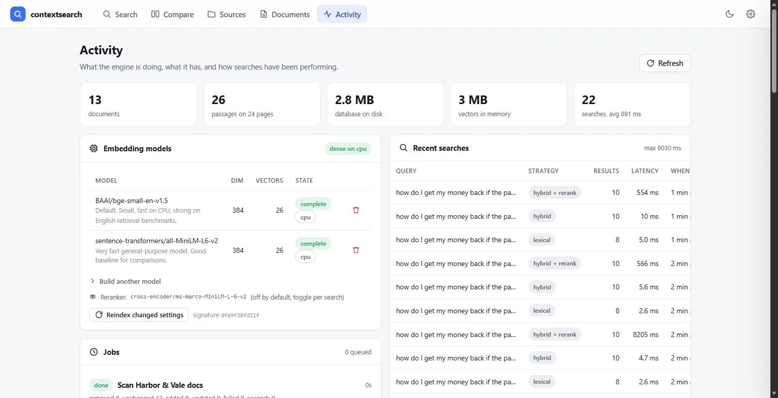 Activity page with embedding models, jobs, recent searches and health