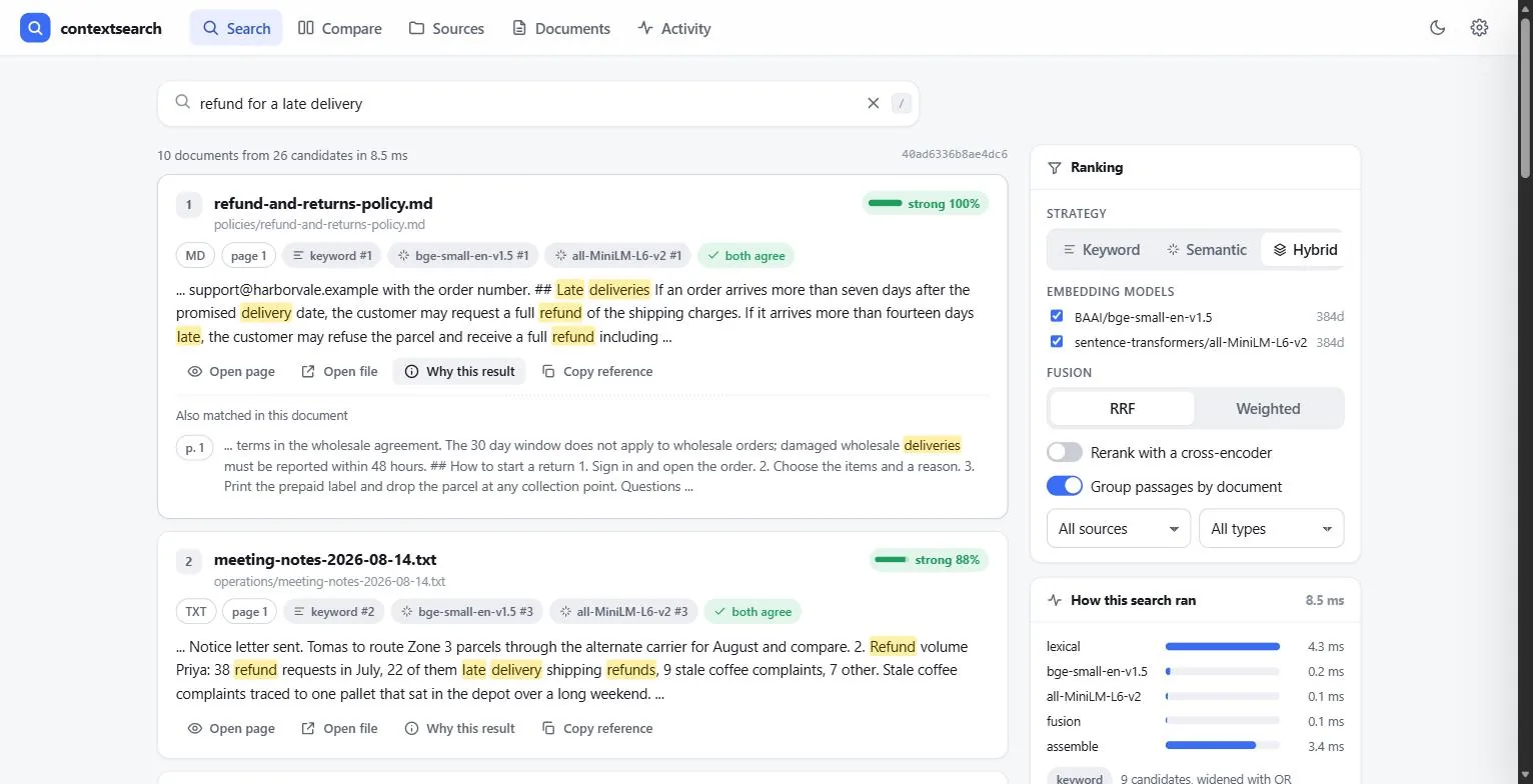 Search results grouped by document with page badges, matched terms, confidence labels and the ranking panel