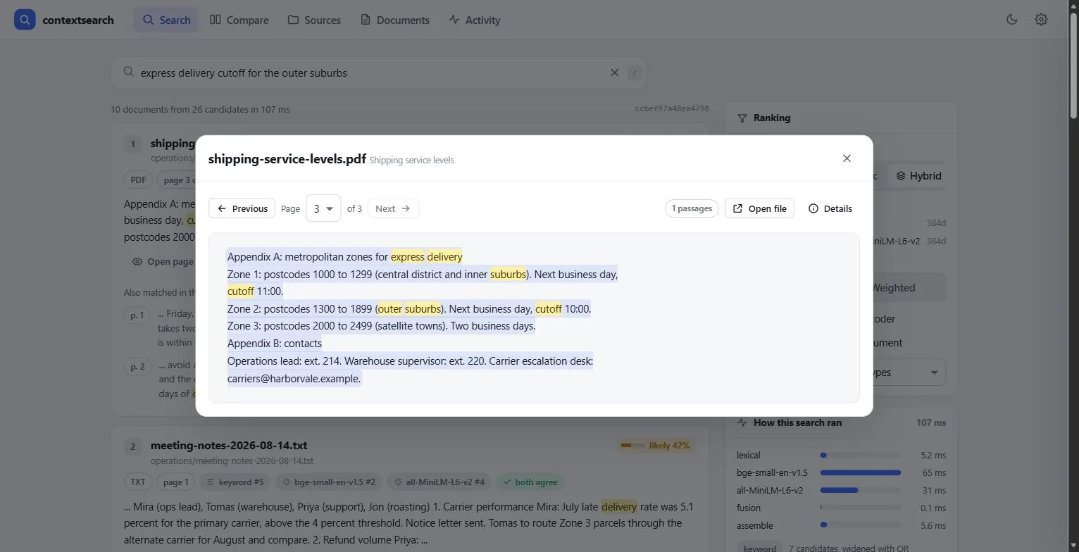 The page viewer showing page 3 of a PDF with the matched passage and query terms marked