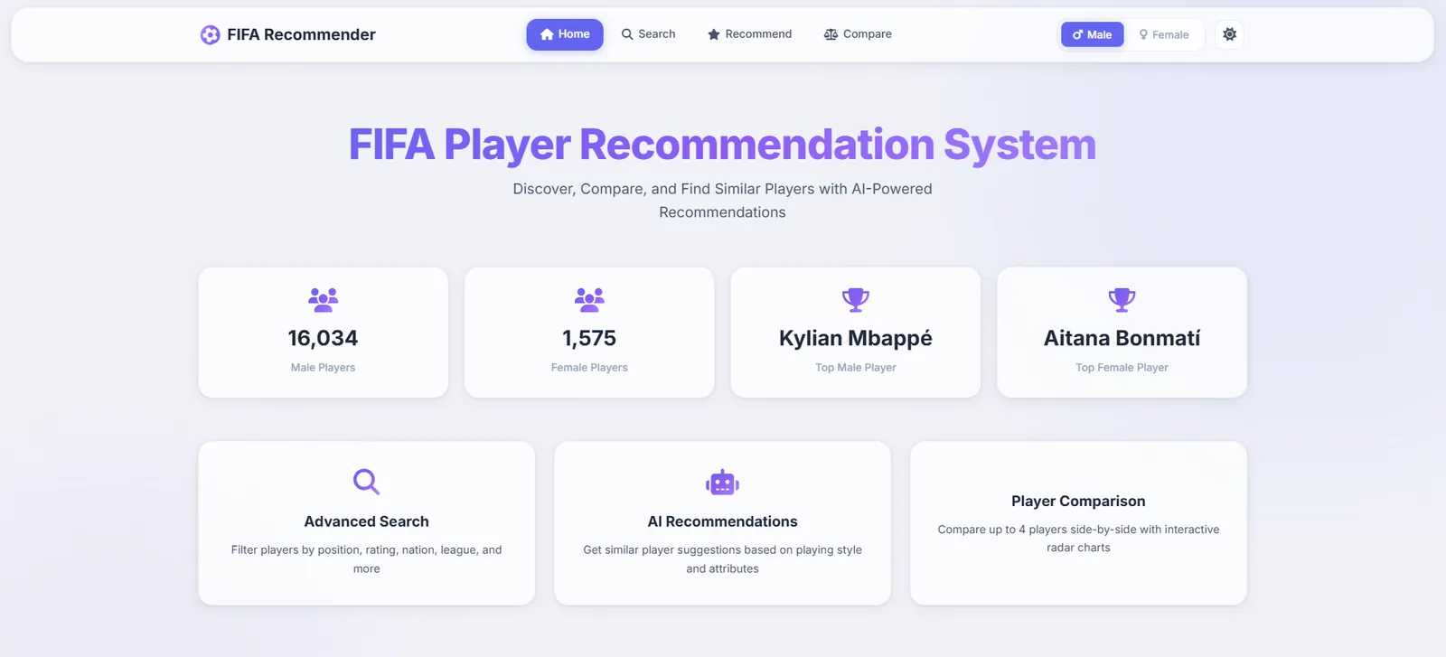 FIFA Player Recommendation System - Home Page Light Theme