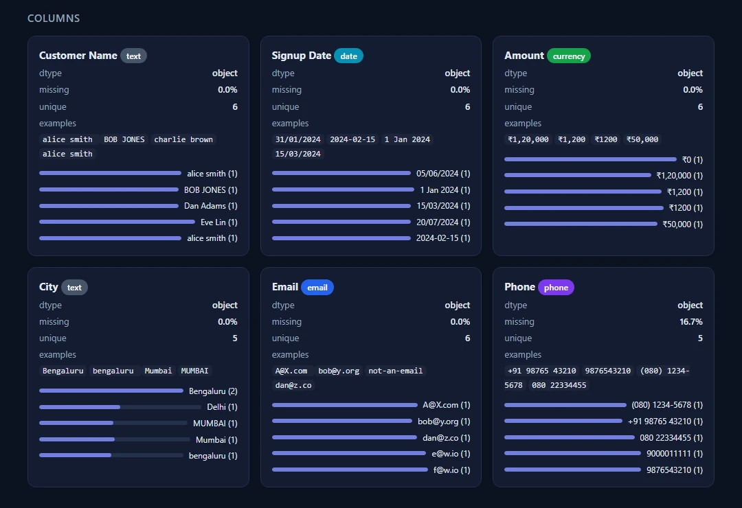CleanFrame column profile cards showing semantic types, missing rates and value distributions