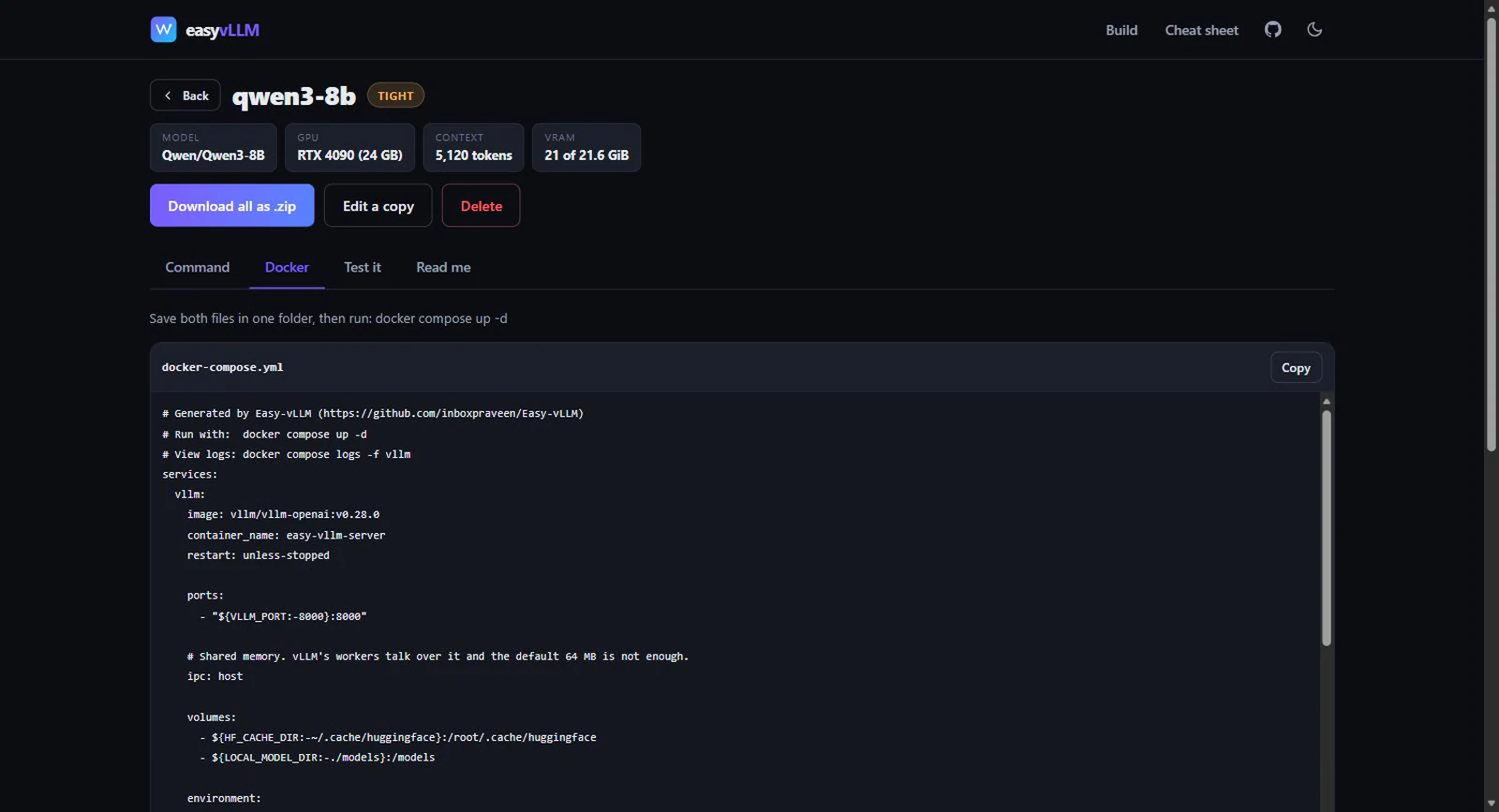 The generated docker-compose.yml for an NVIDIA deployment, with the image pinned and ipc host set