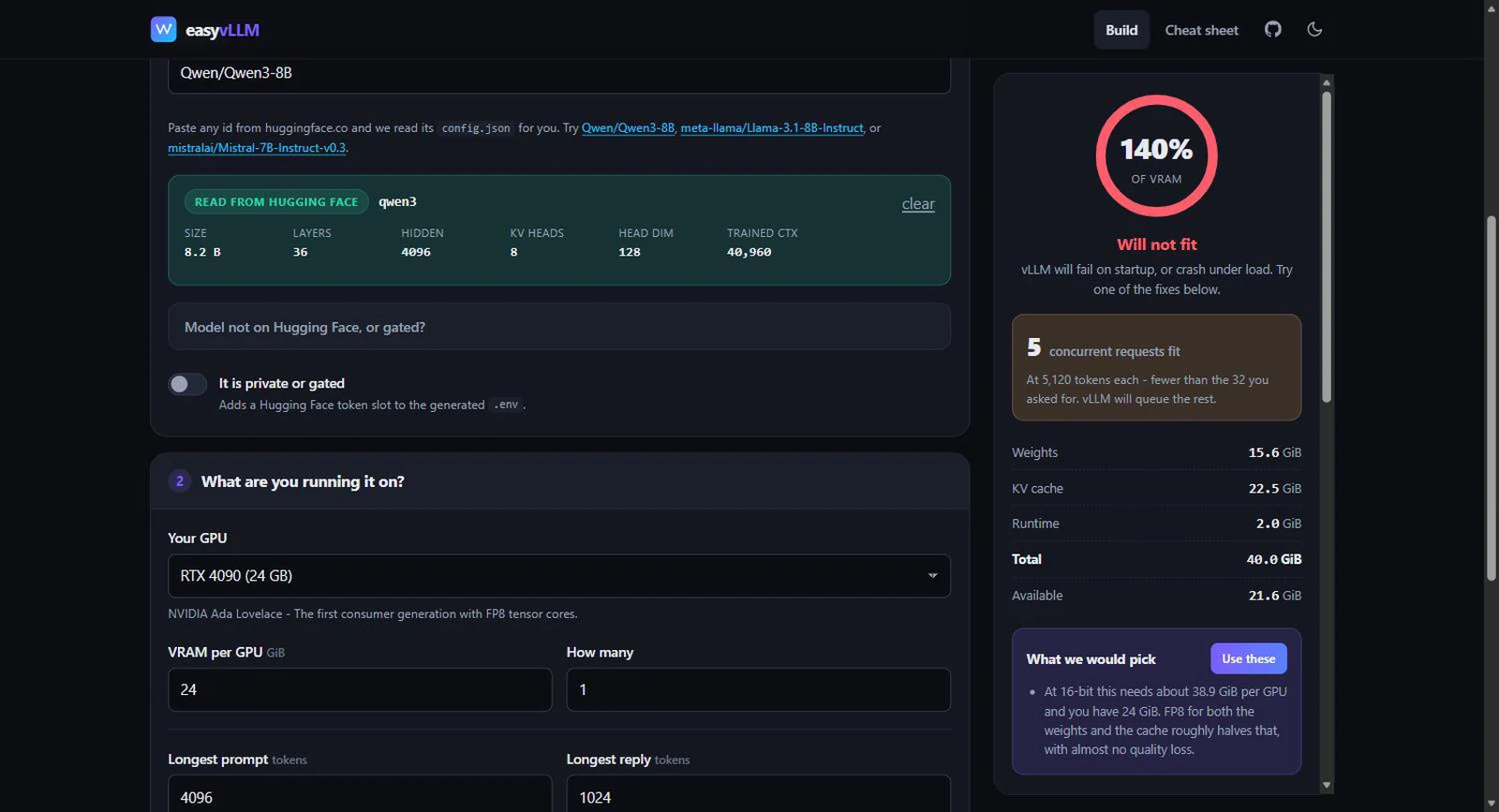 The results panel showing a memory breakdown and a recommendation to use FP8 for both weights and cache