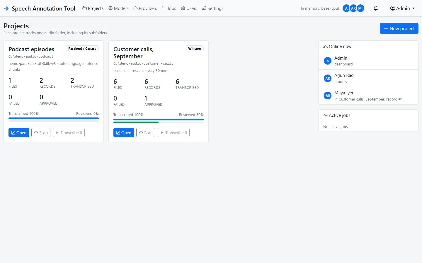 Dashboard with two project cards showing counts and progress, and a sidebar listing who is online