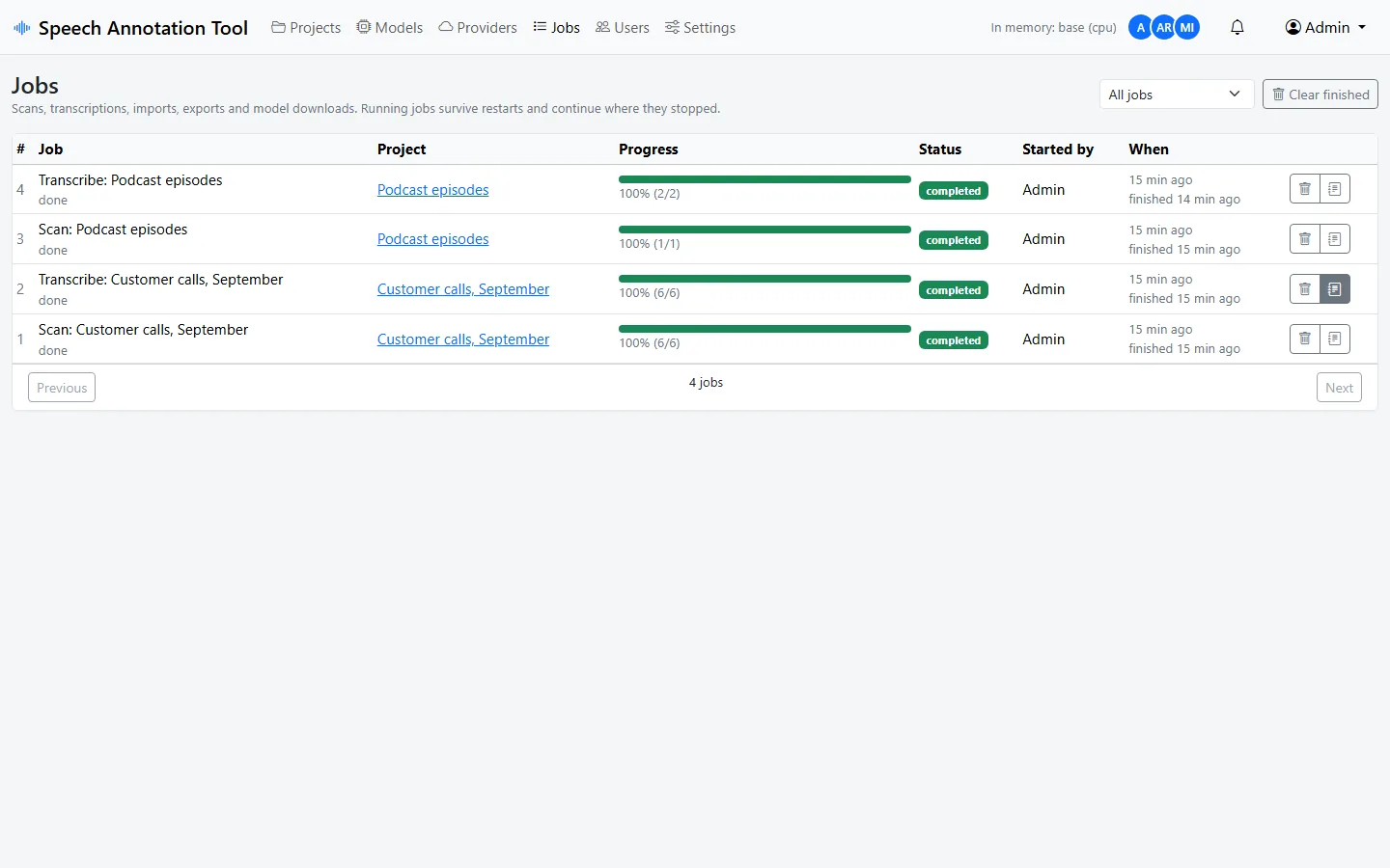 Jobs page with progress bars, status badges and controls for each job