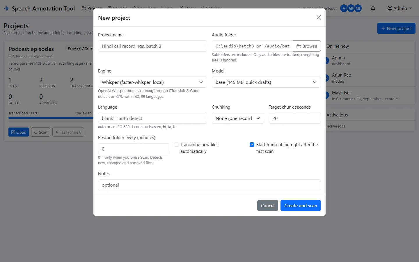 New project dialog with folder picker, engine and model selection, language, chunking and rescan options