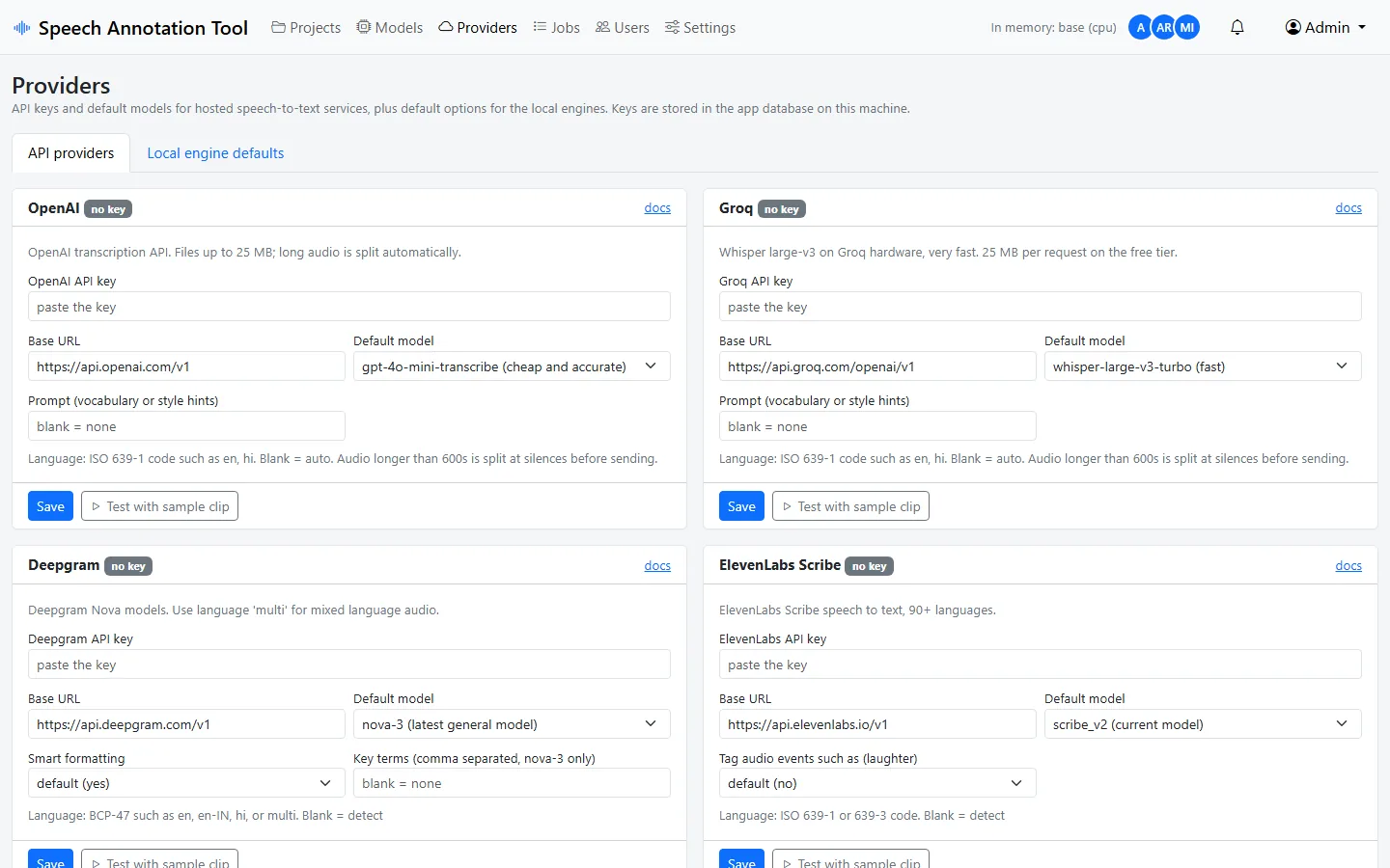 Providers page with API key, base URL, default model and options for OpenAI, Groq, Deepgram and ElevenLabs