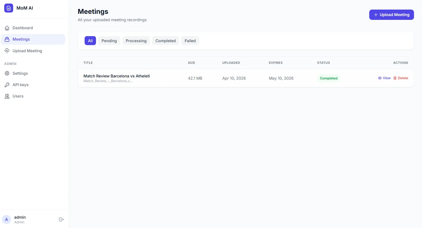 MoM AI - Meetings Dashboard