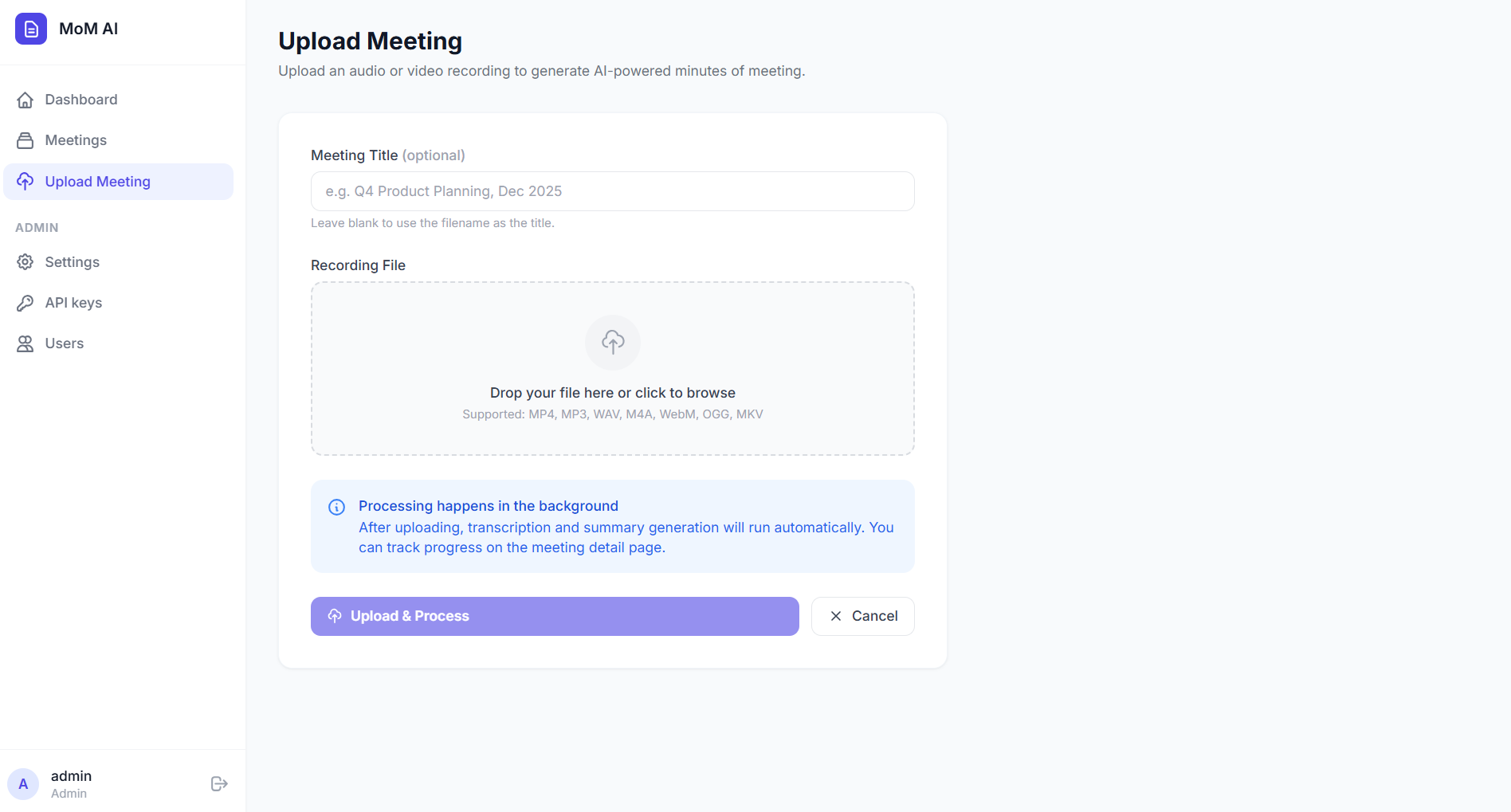 MoM AI - Upload Page