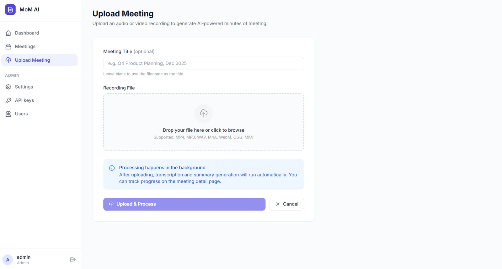 MoM AI - Upload Page